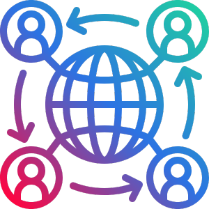 A graphic of the world with four people around it. The graphic fades from red to blue to green
