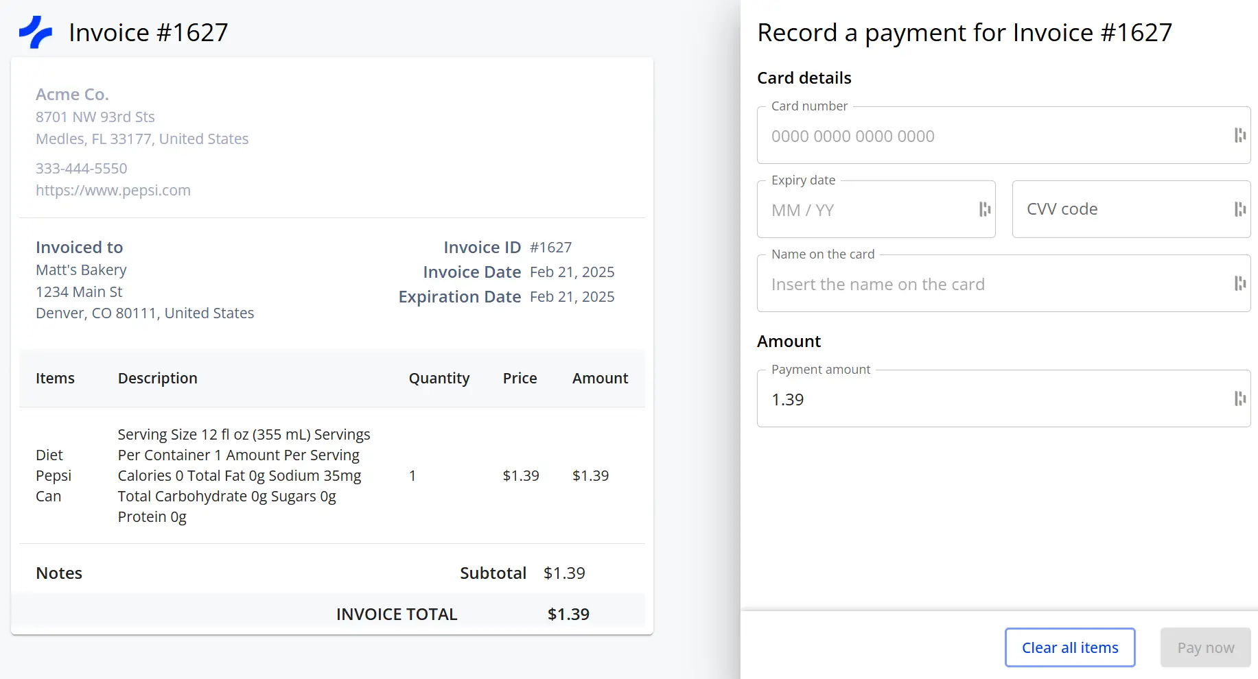 Customer payment screen (card and ACH)